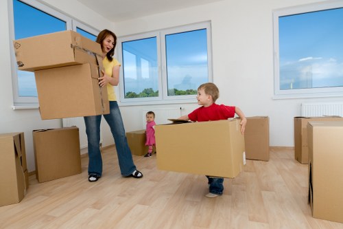 Packed office furniture and equipment ready for a commercial move