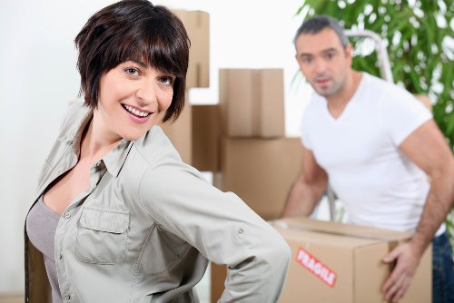 Packed office boxes and equipment ready for local relocation