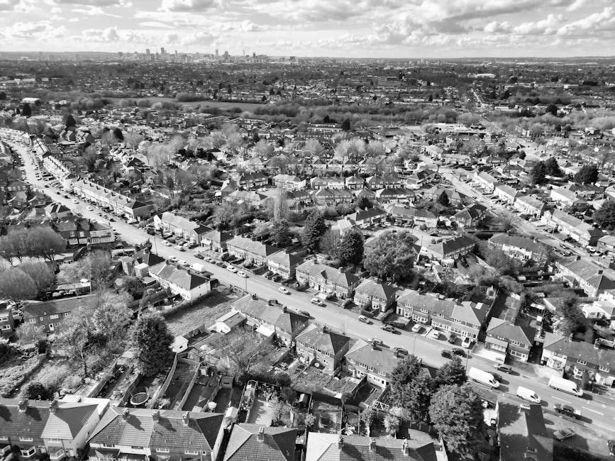 A black and white aerial photograph showing a residential neighbourhood in East Ham, with rows of terraced houses lining the main street, parked cars along both sides of the road, and lush trees interspersed throughout the area. In the foreground, rooftops, backyards with fences, and garden sheds are visible, while further in the distance, the landscape transitions into a more urban environment with larger buildings and high-rises. The sky is partly cloudy with patches of sunlight illuminating the scene, and the overall view captures the extensive spread of suburban housing typical of the area. This image provides a clear visual context for home relocation and moving services by illustrating the typical residential setting where furniture transport and packing and moving processes occur. Man and Van East Ham may utilize such visuals to reflect their expertise in handling moving logistics in urban neighbourhoods.