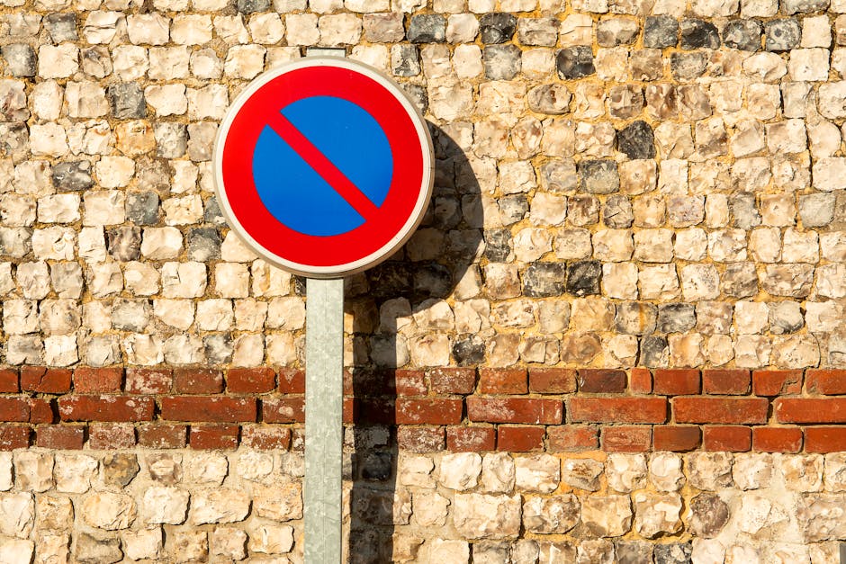 A circular no parking sign with a red border and blue background, featuring a red diagonal line across the center, is mounted on a metal pole and positioned against a rough brick wall composed of light-colored and dark stones. The sign casts a shadow on the wall due to sunlight. The scene suggests the area is designated as no parking, which may impact the loading and unloading process during house removals or furniture transport. At the lower part of the image, the surface transitions to a row of red bricks embedded within the wall, indicating a layered construction. In the context of home relocation services, such parking restrictions are relevant for planning vehicle access and loading zones, as provided by [COMPANY_NAME], especially when executing moving and packing operations in East Ham, as outlined in the 'Parking and loading rules for East Ham removals' page.