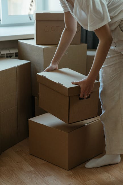 Two men engaged in a home relocation process inside a bright room with large arched windows. The man on the left, with curly hair and a beard, is holding two stacked cardboard boxes, one on top of the other, with red tape and printed labels indicating medium size. The man on the right, wearing a dark outfit and headband, is holding a single cardboard box at chest level while gesturing towards his colleague. There are additional cardboard boxes on the light wooden floor, and a vintage-style green upholstered armchair is visible on the right side. The room features minimal decor, natural light streaming through the windows, and the men are preparing for furniture transport, packing, or loading for a house move, which aligns with services offered by [COMPANY_NAME], such as removals and home relocation.